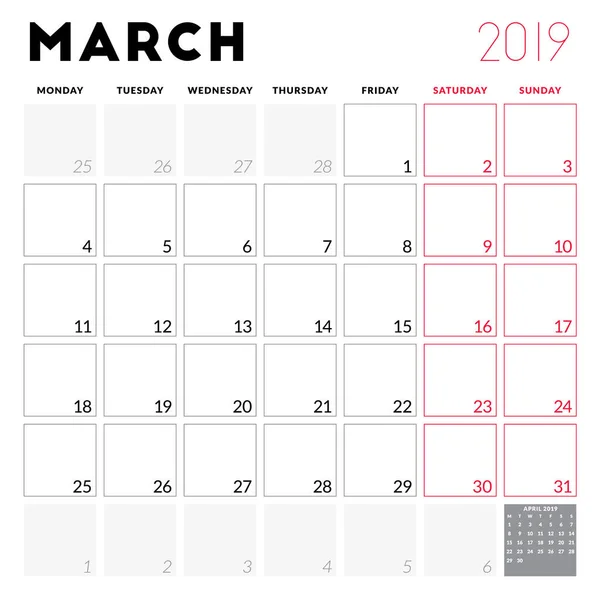 Planejador Calendário Para Março 2019 Semana Começa Segunda Modelo Design — Vetor de Stock