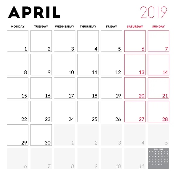 Planejador Calendário Para Abril 2019 Semana Começa Segunda Modelo Design — Vetor de Stock