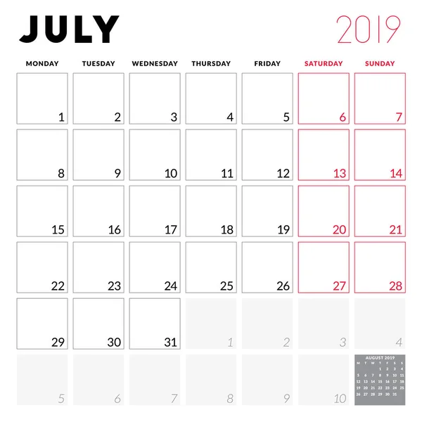 Planificador Calendario Para Julio 2019 Semana Comienza Lunes Plantilla Diseño — Archivo Imágenes Vectoriales