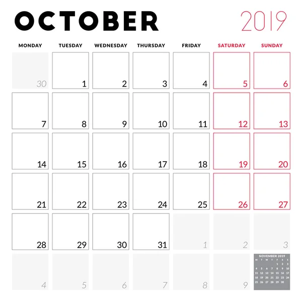 Planificador Calendario Para Octubre 2019 Semana Comienza Lunes Plantilla Diseño — Vector de stock