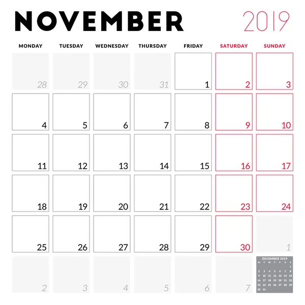 Planejador Calendário Para Novembro 2019 Semana Começa Segunda Modelo Design — Vetor de Stock