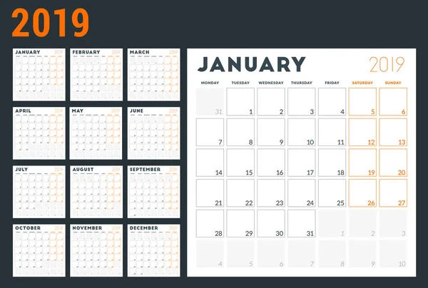 Планировщик Календаря 2019 Год Неделя Начинается Понедельник Печатный Векторный Шаблон — стоковый вектор