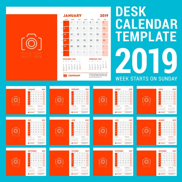 Skrivbord Kalendermall Design För 2019 Veckan Börjar Söndag Tre Månader — Stock vektor
