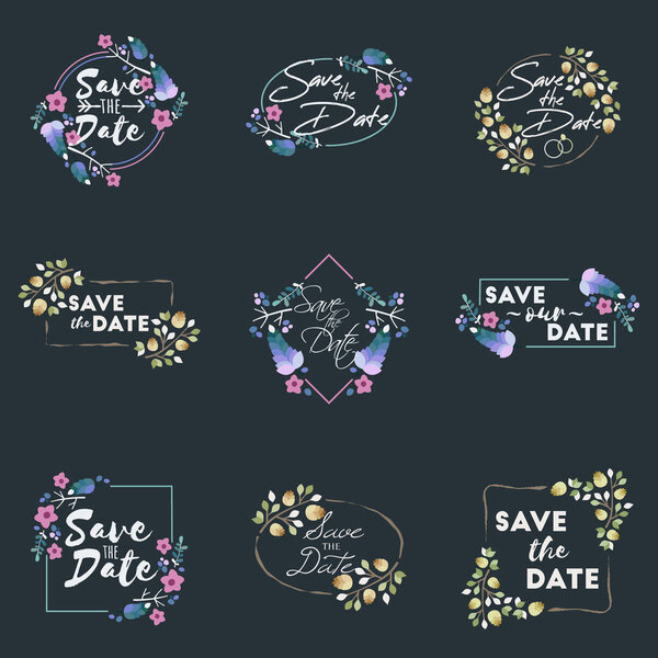 Save the date. Wedding invitation floral elements. Typographic design.