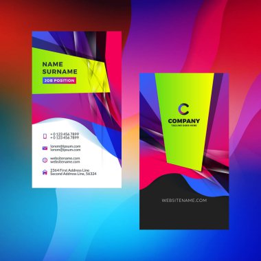 Çift taraflı dikey kartvizit şablon arka plan ile. Canlı degradeler. Vektör mockup çizim. İleti örneği tasarım