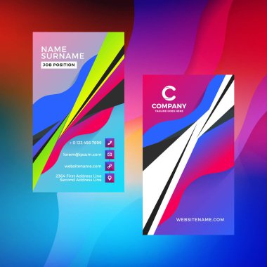 Çift taraflı dikey kartvizit şablon arka plan ile. Canlı degradeler. Vektör mockup çizim. İleti örneği tasarım
