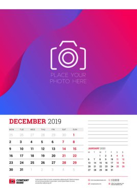 Duvar takvimi planlayıcısı şablonu Aralık 2019. Hafta Pazartesi günü başlar. Vektör çizim