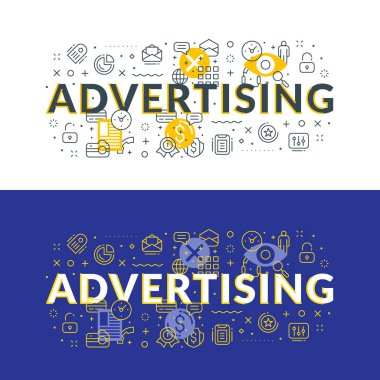 Reklam. Düz hat illüstrasyon kavramı web afiş ve basılı malzemeler için. 2 farklı tarzlarda vektör çizim. Açık ve koyu arka plan