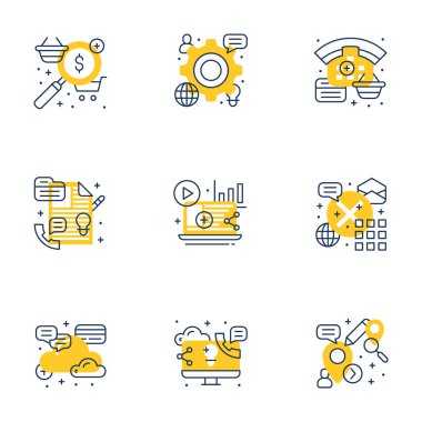 9 düz çizgi iş simgeler kümesi. Düz hat illüstrasyon kavramı web afiş ve basılı malzemeler için. Vektör çizim