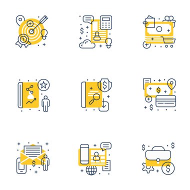 9 düz çizgi iş simgeler kümesi. Düz hat illüstrasyon kavramı web afiş ve basılı malzemeler için. Vektör çizim