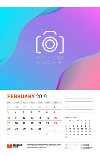 Plantilla Planificador Calendario Pared Para Febrero 2019 Semana Comienza Domingo — Vector de stock