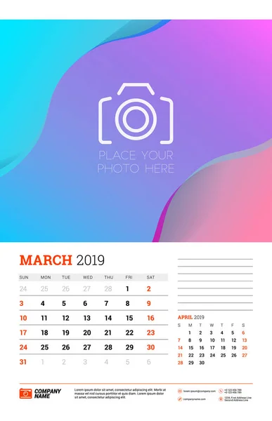 Plantilla Planificador Calendario Pared Para Marzo 2019 Semana Comienza Domingo — Vector de stock