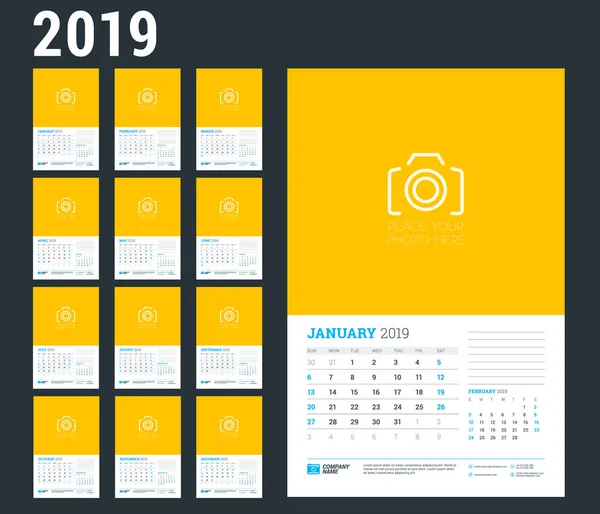 Plantilla Planificador Calendario Pared Para 2019 Año Conjunto Meses Semana — Vector de stock