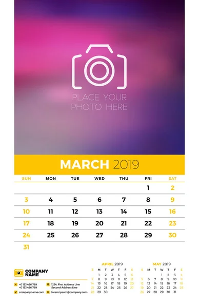 Plantilla Planificador Calendario Pared Para 2019 Año Meses Página Marzo — Vector de stock