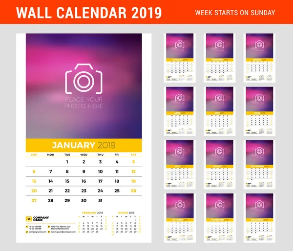 Wandkalender Planer Vorlage Für Das Jahr 2019 Satz Von Monaten — Stockvektor
