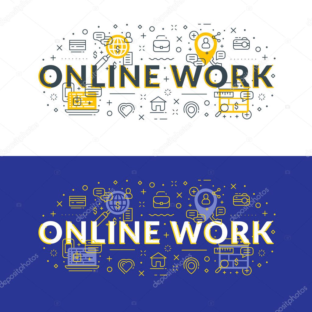 Online work. Flat line illustration concept for web banner and printed materials. Vector illustration in 2 different styles. Light and dark background