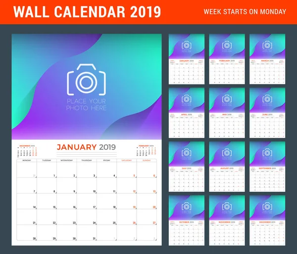 2019 Έτος Πρότυπο Σχεδίασης Επιστολόχαρτου Planner Ημερολόγιο Θέση Για Φωτογραφία — Διανυσματικό Αρχείο