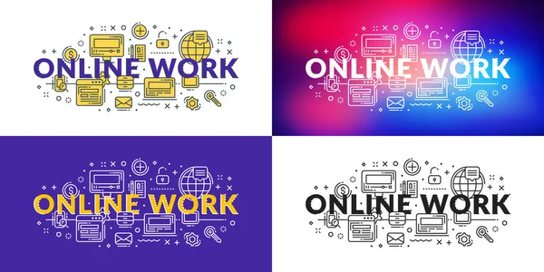 Online Work Flat Line Illustration Concept Web Banner Printed Materials — Stock Vector