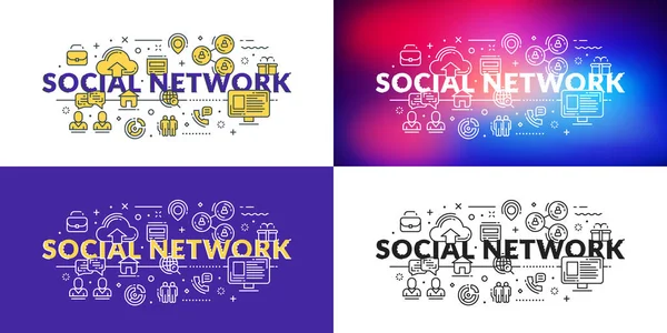 Social Network Flat Line Illustration Concept Web Banner Printed Materials — Stock Vector