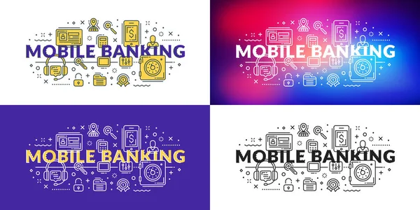 Mobiel Bankieren Platte Lijn Illustratie Concept Voor Webbanner Drukwerk Vectorillustratie — Stockvector