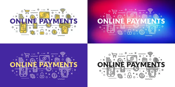 Online Payments Flat Line Illustration Concept Web Banner Printed Materials — Stock Vector