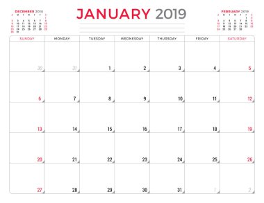 Ocak 2019. Takvim Planlayıcısı ileti örneği tasarım şablonu. Vektör çizim. Hafta Pazar günü başlar