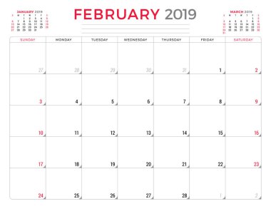 Şubat 2019. Takvim Planlayıcısı ileti örneği tasarım şablonu. Vektör çizim. Hafta Pazar günü başlar