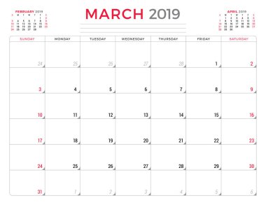 Mart 2019. Takvim Planlayıcısı ileti örneği tasarım şablonu. Vektör çizim. Hafta Pazar günü başlar