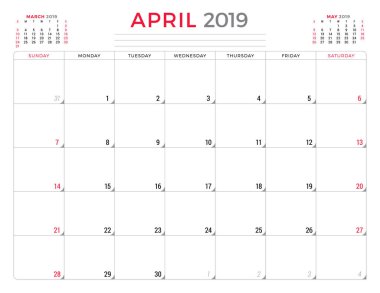 Nisan 2019. Takvim Planlayıcısı ileti örneği tasarım şablonu. Vektör çizim. Hafta Pazar günü başlar