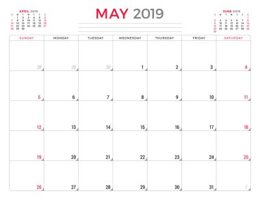 Mayıs 2019. Takvim Planlayıcısı ileti örneği tasarım şablonu. Vektör çizim. Hafta Pazar günü başlar