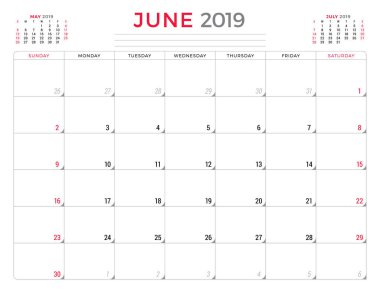 Haziran 2019. Takvim Planlayıcısı ileti örneği tasarım şablonu. Vektör çizim. Hafta Pazar günü başlar