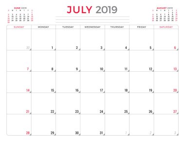 Temmuz 2019. Takvim Planlayıcısı ileti örneği tasarım şablonu. Vektör çizim. Hafta Pazar günü başlar