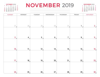 Kasım 2019. Takvim Planlayıcısı ileti örneği tasarım şablonu. Vektör çizim. Hafta Pazar günü başlar