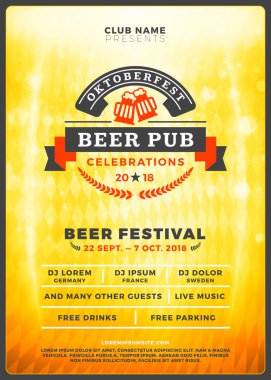 Oktoberfest bira Festivali kutlama. Tipografi şablon bira partisi için poster veya el ilanı. Vintage bira Etiket ışık efektleri ile altın bira arka plan üzerinde