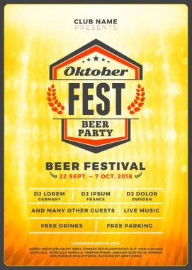 Oktoberfest bira Festivali kutlama. Tipografi şablon bira partisi için poster veya el ilanı. Vintage bira Etiket ışık efektleri ile altın bira arka plan üzerinde