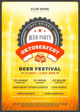 Oktoberfest bira Festivali kutlama. Tipografi şablon bira partisi için poster veya el ilanı. Vintage bira Etiket ışık efektleri ile altın bira arka plan üzerinde