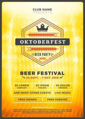 Oktoberfest bira Festivali kutlama. Tipografi şablon bira partisi için poster veya el ilanı. Vintage bira Etiket ışık efektleri ile altın bira arka plan üzerinde