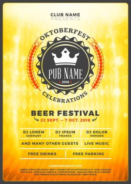 Oktoberfest bira Festivali kutlama. Tipografi şablon bira partisi için poster veya el ilanı. Vintage bira Etiket ışık efektleri ile altın bira arka plan üzerinde