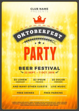 Oktoberfest bira Festivali kutlama. Tipografi şablon bira partisi için poster veya el ilanı. Vintage bira Etiket ışık efektleri ile altın bira arka plan üzerinde