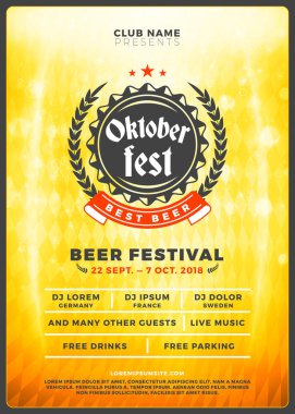 Oktoberfest bira Festivali kutlama. Tipografi şablon bira partisi için poster veya el ilanı. Vintage bira Etiket ışık efektleri ile altın bira arka plan üzerinde