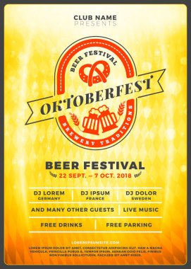 Oktoberfest bira Festivali kutlama. Tipografi şablon bira partisi için poster veya el ilanı. Vintage bira Etiket ışık efektleri ile altın bira arka plan üzerinde