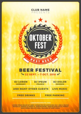 Oktoberfest bira Festivali kutlama. Tipografi şablon bira partisi için poster veya el ilanı. Vintage bira Etiket ışık efektleri ile altın bira arka plan üzerinde