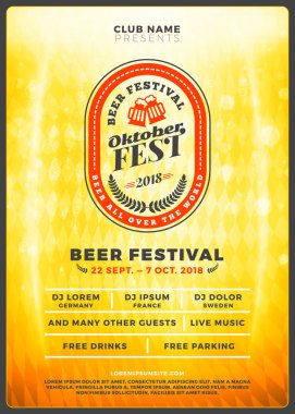 Oktoberfest bira Festivali kutlama. Tipografi şablon bira partisi için poster veya el ilanı. Vintage bira Etiket ışık efektleri ile altın bira arka plan üzerinde