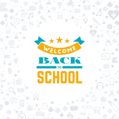 Okula dönüş. Tipografik rozet tasarım. Vektör arka plan ile düz stil okul kutsal kişilerin resmi. Satışı büyük başlığı