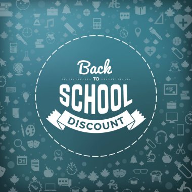 Geri okul tipografik rozeti için yazı tahtası. Vektör arka plan ile düz stil okul kutsal kişilerin resmi. Satışı büyük başlığı