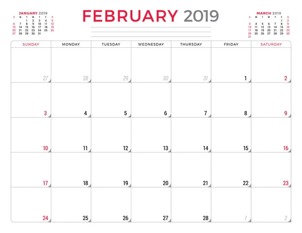 Fevereiro 2019 Modelo Design Papelaria Planejador Calendário Ilustração Vetorial Semana — Vetor de Stock