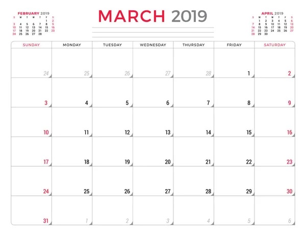 Março 2019 Modelo Design Papelaria Planejador Calendário Ilustração Vetorial Semana — Vetor de Stock