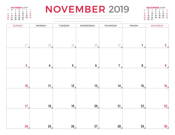 Noviembre 2019 Plantilla Diseño Papelería Planificador Calendario Ilustración Vectorial Semana — Archivo Imágenes Vectoriales
