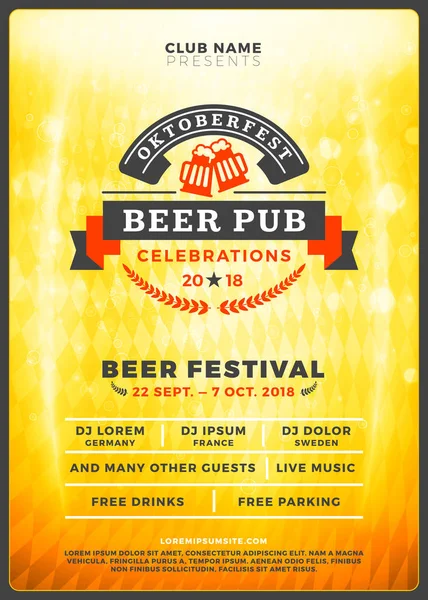 Oktoberfest bira Festivali kutlama. Tipografi şablon bira partisi için poster veya el ilanı. Vintage bira Etiket ışık efektleri ile altın bira arka plan üzerinde