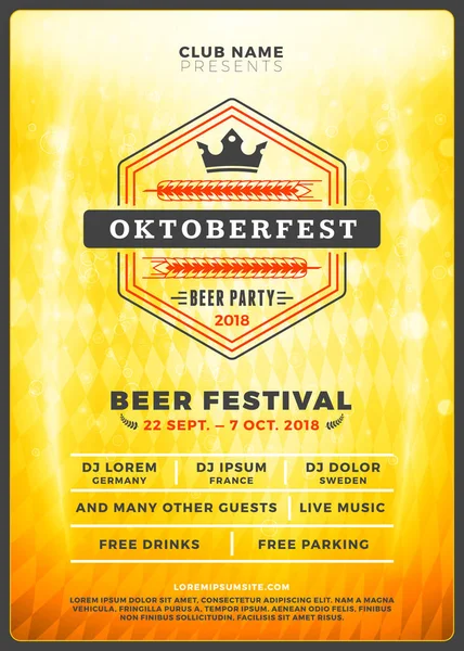 Oktoberfest bira Festivali kutlama. Tipografi şablon bira partisi için poster veya el ilanı. Vintage bira Etiket ışık efektleri ile altın bira arka plan üzerinde